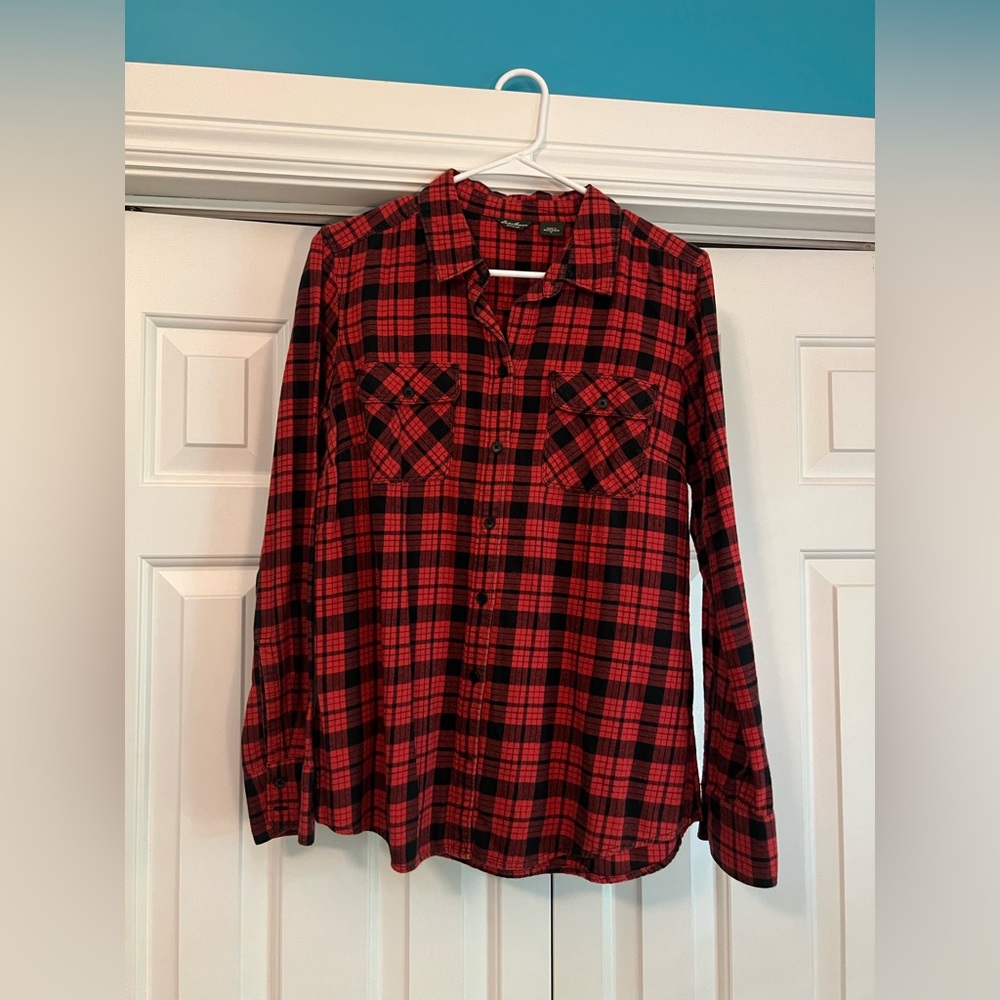 Women’s Eddie Bauer Red and Black Casual Button Down Shirt